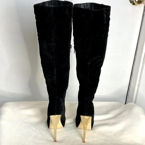 Black Scene Weaver Velvet Lucille Knee High Lace Up Boots Gold Chain Size 6 - Picture 7 of 16